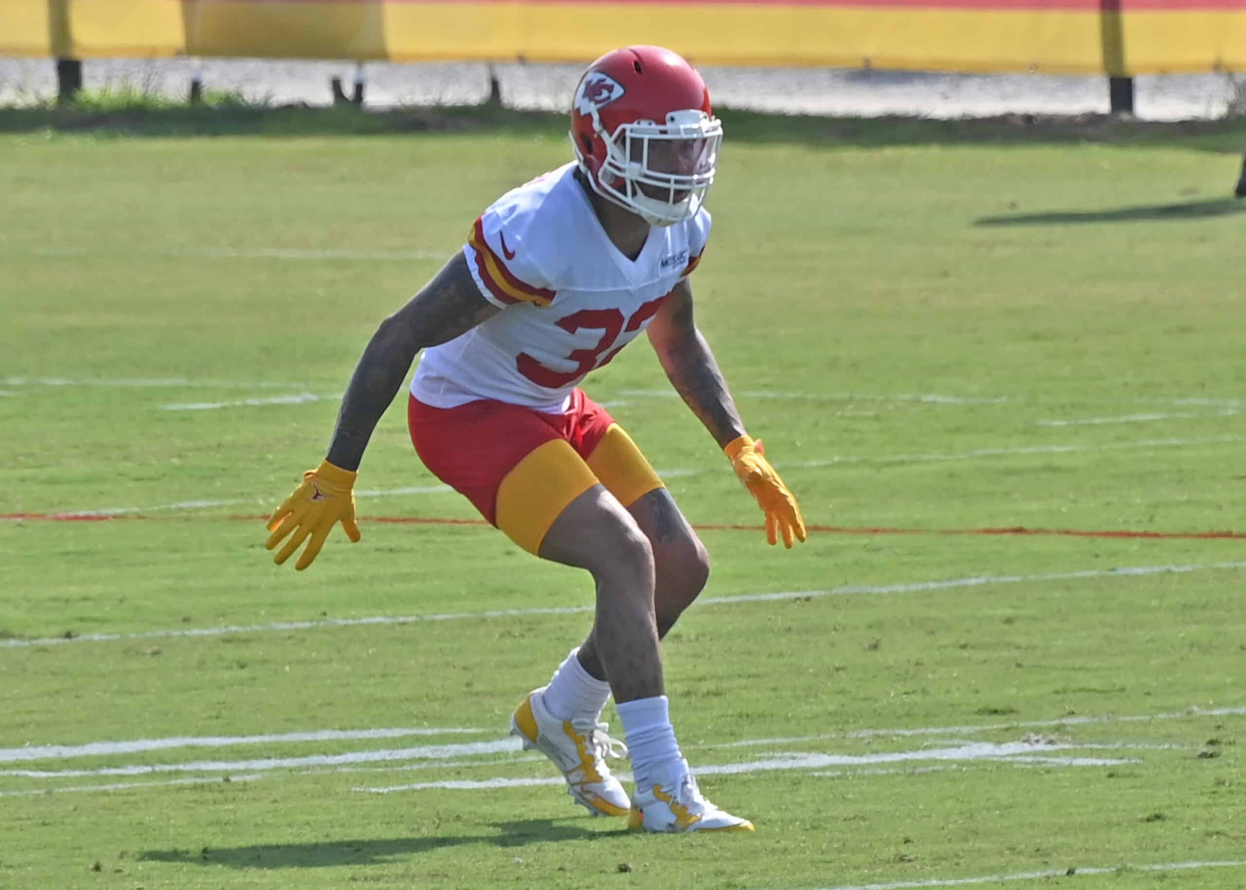 Safety Tyrann Mathieu #32 of the Kansas City Chiefs works on defensive drills during training camp at Missouri Western State University on July 30, 2021 in St Joseph, Missouri. 