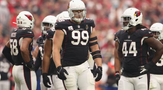 Defensive end J.J. Watt #99 of the Arizona Cardinals during the NFL game at State Farm Stadium on October 10, 2021 in Glendale, Arizona. The Cardinals defeated the 49ers 17-10.