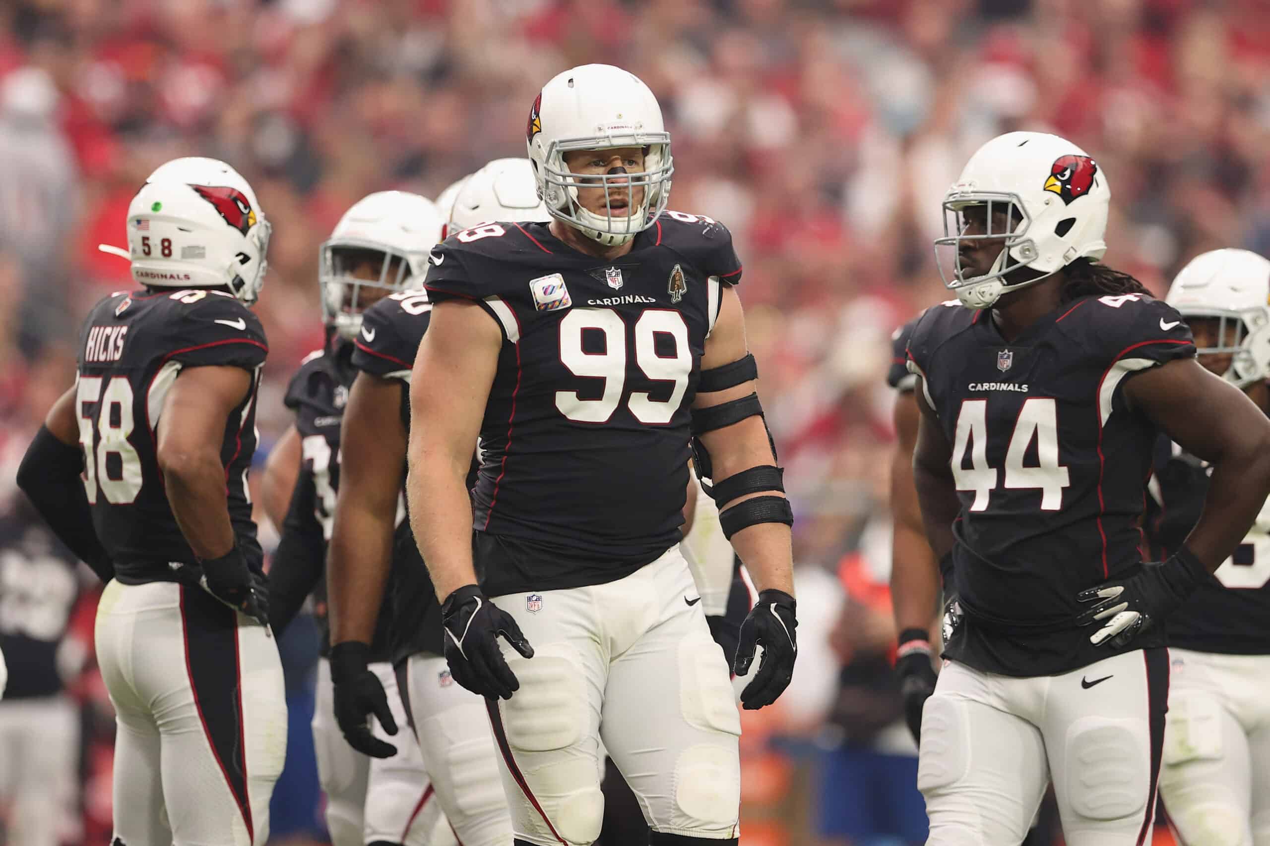 Defensive end J.J. Watt #99 of the Arizona Cardinals during the NFL game at State Farm Stadium on October 10, 2021 in Glendale, Arizona. The Cardinals defeated the 49ers 17-10.