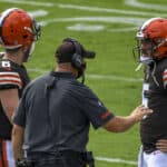 Cleveland Browns quarterback Case Keenum (5) talks with quarterback Baker Mayfield (6) during a break in the action in the game against the Baltimore Ravens on September 13, 2020, at M&T Bank Stadium in Baltimore, MD.