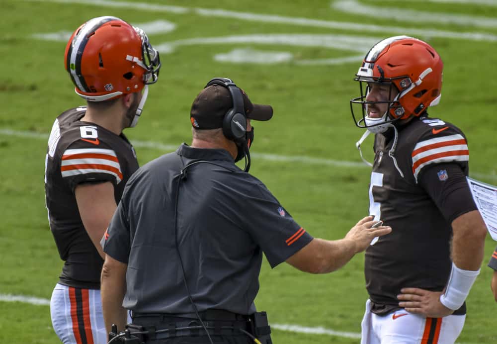 Cleveland Browns quarterback Case Keenum (5) talks with quarterback Baker Mayfield (6) during a break in the action in the game against the Baltimore Ravens on September 13, 2020, at M&T Bank Stadium in Baltimore, MD. 