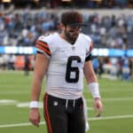 Baker Mayfield #6 of the Cleveland Browns walks off the field after losing to the Los Angeles Chargers at SoFi Stadium on October 10, 2021 in Inglewood, California.