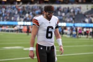 Baker Mayfield #6 of the Cleveland Browns walks off the field after losing to the Los Angeles Chargers at SoFi Stadium on October 10, 2021 in Inglewood, California.