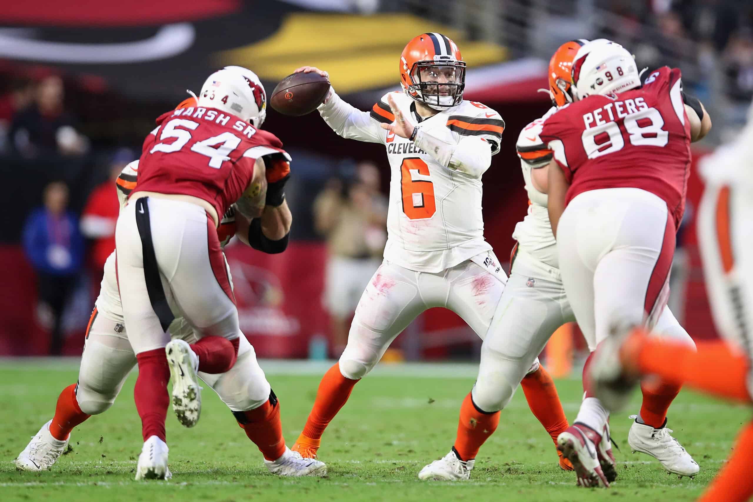 Quarterback Baker Mayfield #6 of the Cleveland Browns throws a pass during the NFL game against the Arizona Cardinals at State Farm Stadium on December 15, 2019 in Glendale, Arizona. The Cardinals defeated the Browns 38-24.