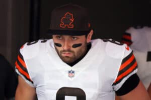 Baker Mayfield #6 of the Cleveland Browns in the tunnel before the game against the Minnesota Vikings at U.S. Bank Stadium on October 03, 2021 in Minneapolis, Minnesota.