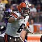 Baker Mayfield #6 of the Cleveland Browns directs his team during the first quarter in the game against the Minnesota Vikings at U.S. Bank Stadium on October 03, 2021 in Minneapolis, Minnesota.