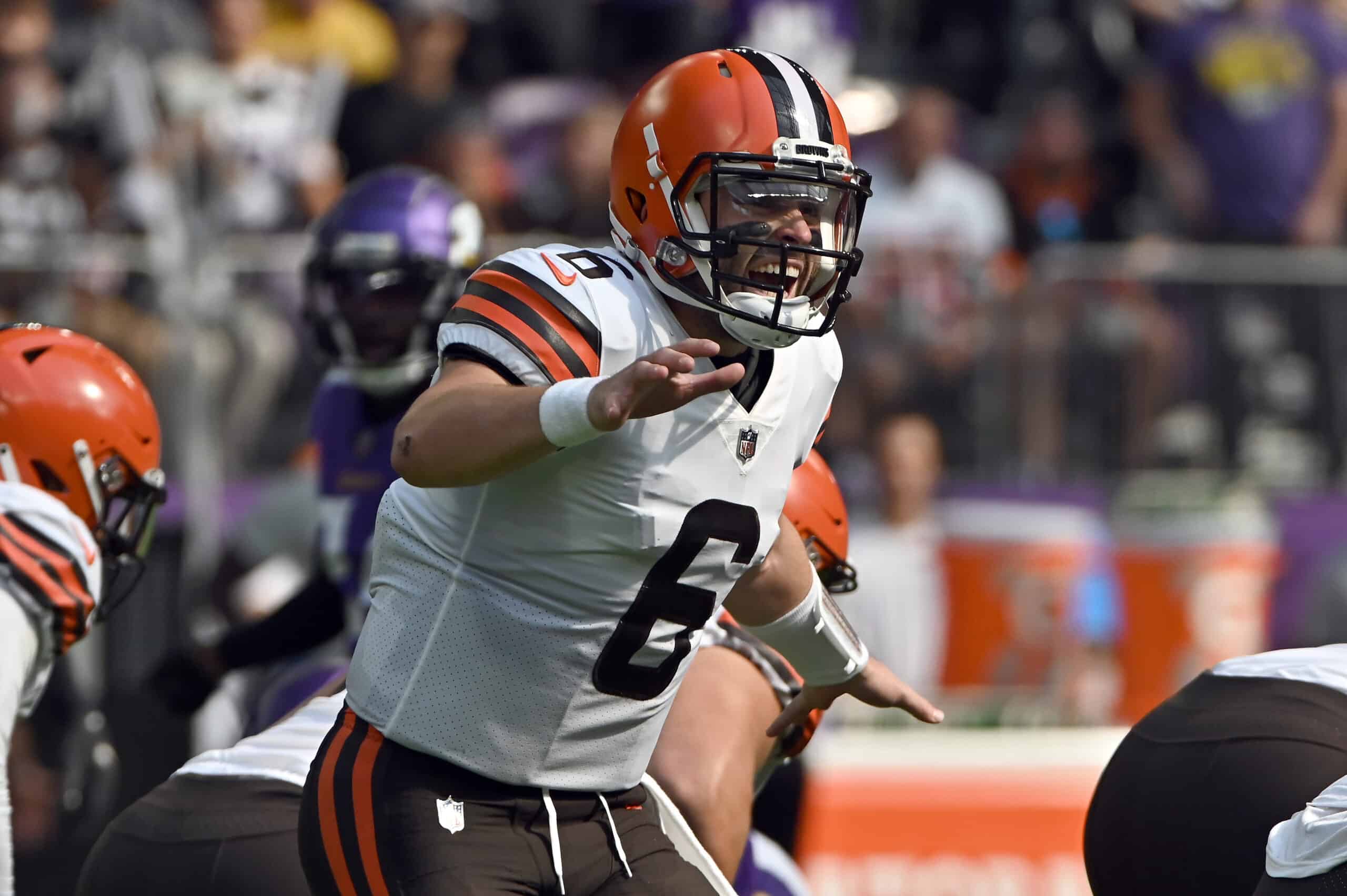 Baker Mayfield #6 of the Cleveland Browns directs his team during the first quarter in the game against the Minnesota Vikings at U.S. Bank Stadium on October 03, 2021 in Minneapolis, Minnesota.