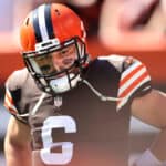 Quarterback Baker Mayfield #6 of the Cleveland Browns during pregame warm-ups before the game against the Houston Texans at FirstEnergy Stadium on September 19, 2021 in Cleveland, Ohio.