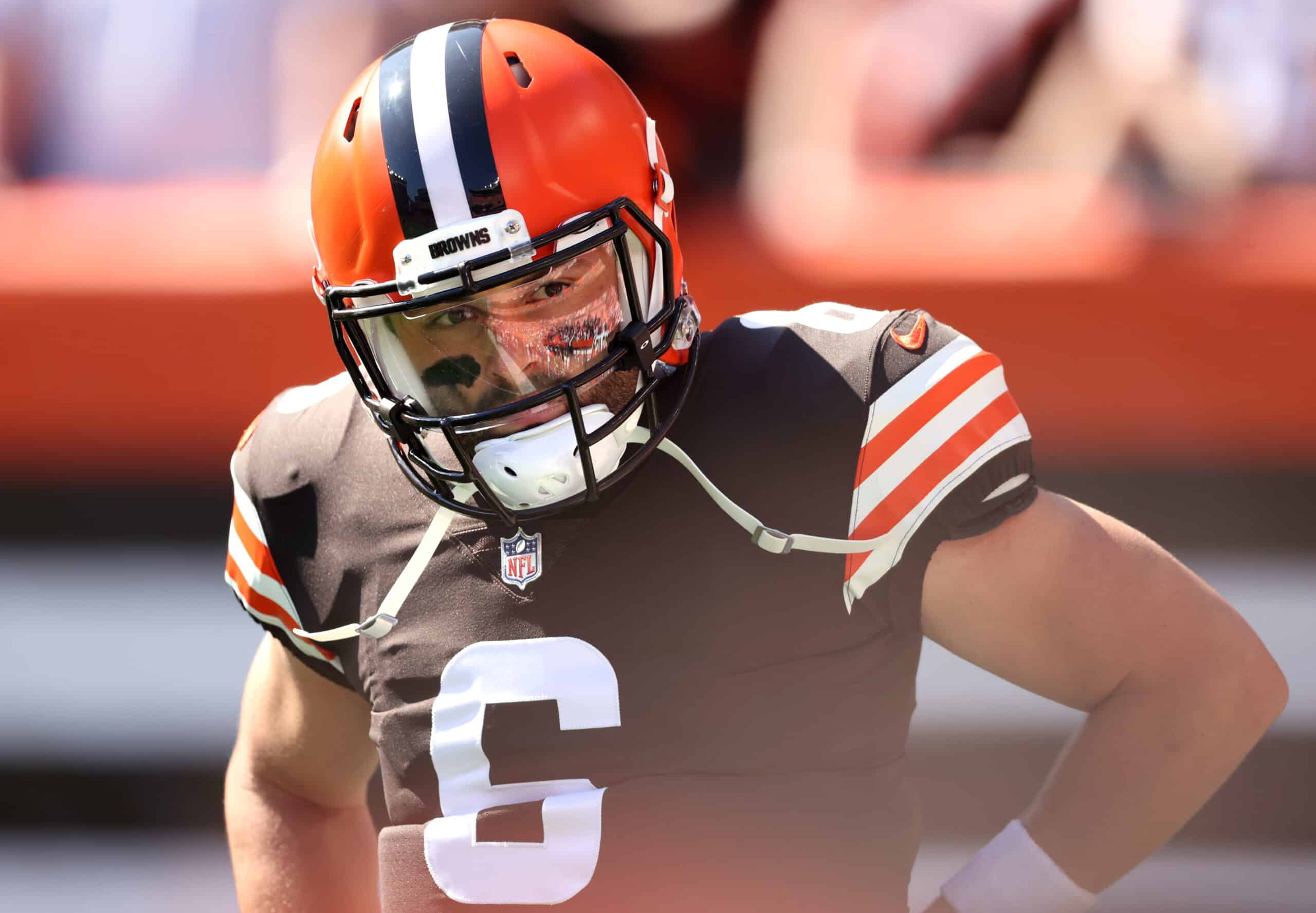 Quarterback Baker Mayfield #6 of the Cleveland Browns during pregame warm-ups before the game against the Houston Texans at FirstEnergy Stadium on September 19, 2021 in Cleveland, Ohio.