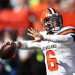 Baker Mayfield #6 of the Cleveland Browns throws a pass in the first half against the Los Angeles Chargers at FirstEnergy Stadium on October 14, 2018 in Cleveland, Ohio.