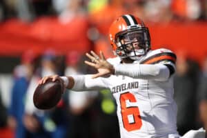 Baker Mayfield #6 of the Cleveland Browns throws a pass in the first half against the Los Angeles Chargers at FirstEnergy Stadium on October 14, 2018 in Cleveland, Ohio.