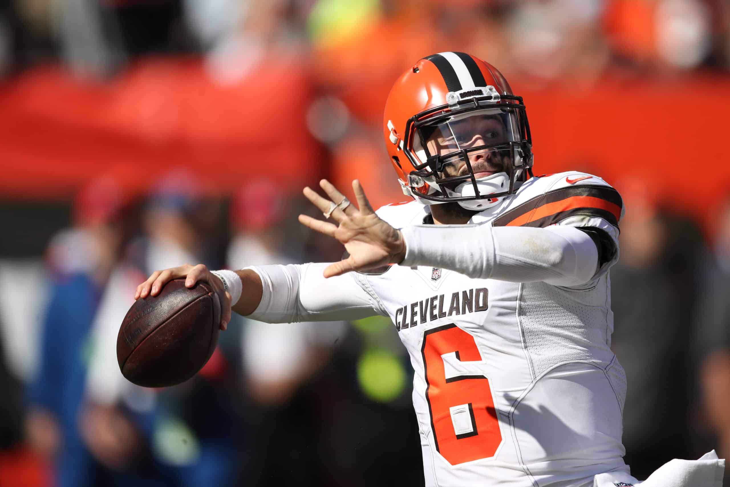 Baker Mayfield #6 of the Cleveland Browns throws a pass in the first half against the Los Angeles Chargers at FirstEnergy Stadium on October 14, 2018 in Cleveland, Ohio.