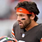 Baker Mayfield #6 of the Cleveland Browns looks on prior to the game against the Arizona Cardinals at FirstEnergy Stadium on October 17, 2021 in Cleveland, Ohio.