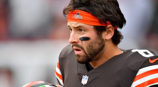 Baker Mayfield #6 of the Cleveland Browns looks on prior to the game against the Arizona Cardinals at FirstEnergy Stadium on October 17, 2021 in Cleveland, Ohio.