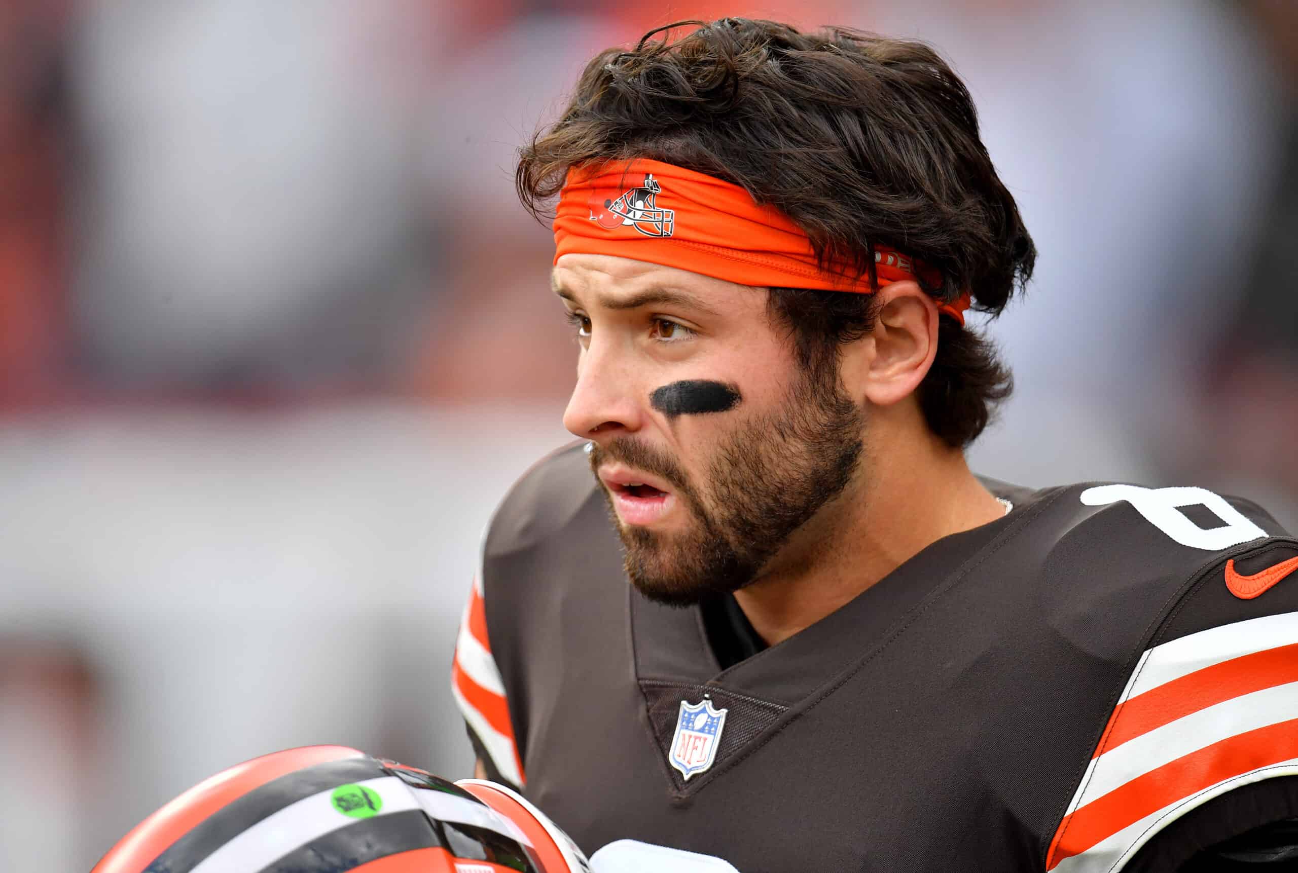 Baker Mayfield #6 of the Cleveland Browns looks on prior to the game against the Arizona Cardinals at FirstEnergy Stadium on October 17, 2021 in Cleveland, Ohio. 