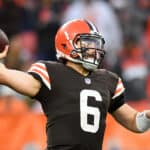 Baker Mayfield #6 of the Cleveland Browns passes the ball during the third quarter against the Arizona Cardinals at FirstEnergy Stadium on October 17, 2021 in Cleveland, Ohio.