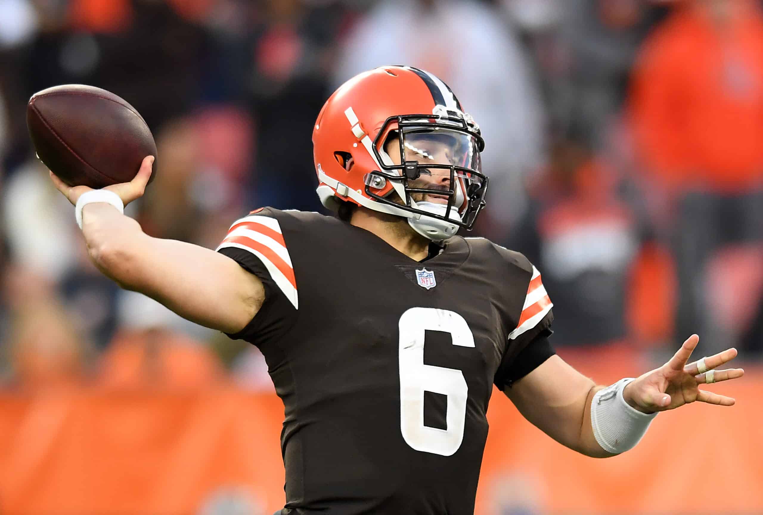 Baker Mayfield #6 of the Cleveland Browns passes the ball during the third quarter against the Arizona Cardinals at FirstEnergy Stadium on October 17, 2021 in Cleveland, Ohio. 