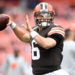 Baker Mayfield #6 of the Cleveland Browns warms up prior to the game against the Arizona Cardinals at FirstEnergy Stadium on October 17, 2021 in Cleveland, Ohio.