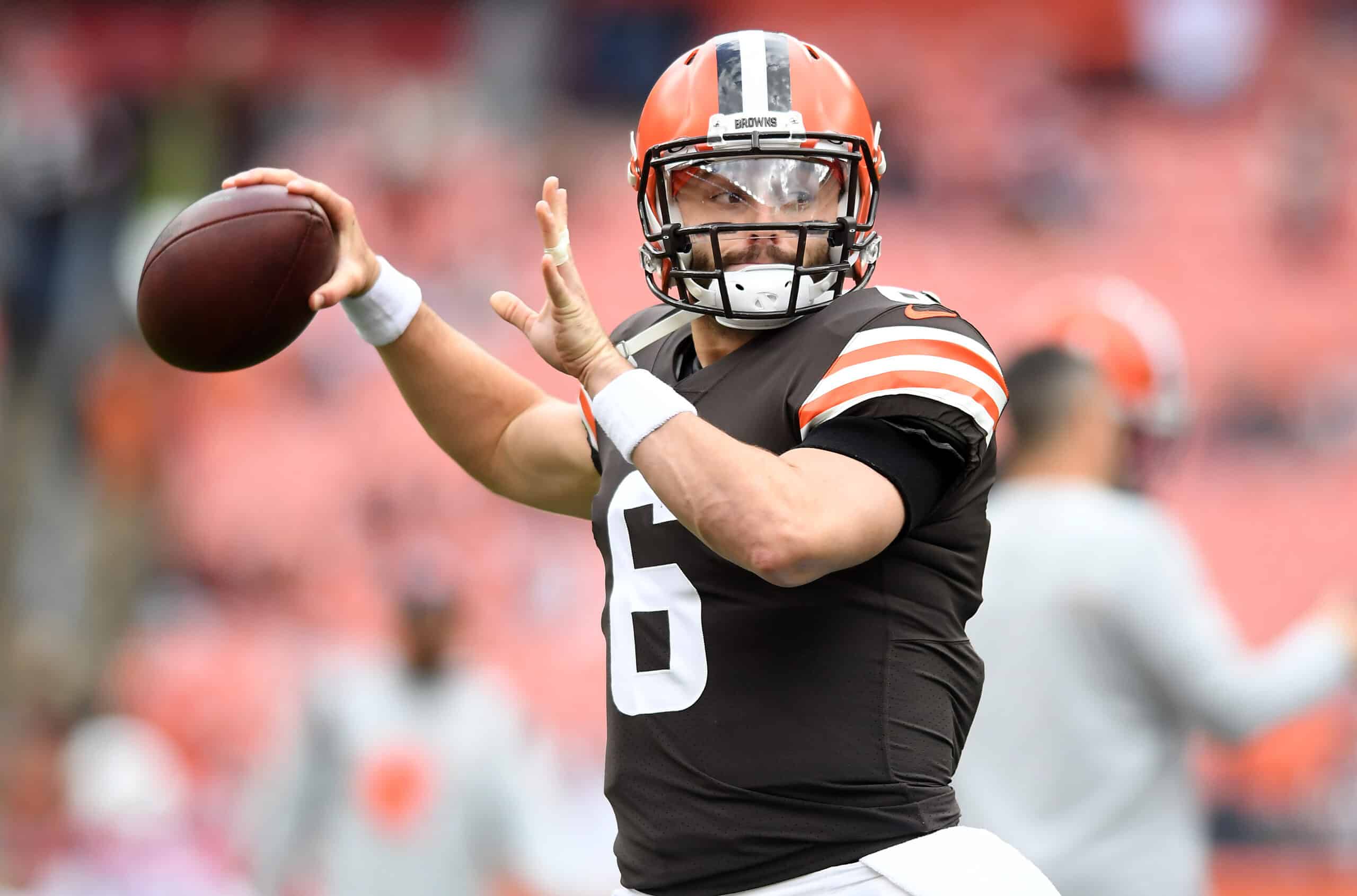 Baker Mayfield #6 of the Cleveland Browns warms up prior to the game against the Arizona Cardinals at FirstEnergy Stadium on October 17, 2021 in Cleveland, Ohio. 