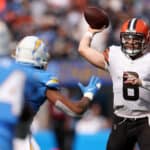 Baker Mayfield #6 of the Cleveland Browns throws the ball during the first half against the Los Angeles Chargers at SoFi Stadium on October 10, 2021 in Inglewood, California.