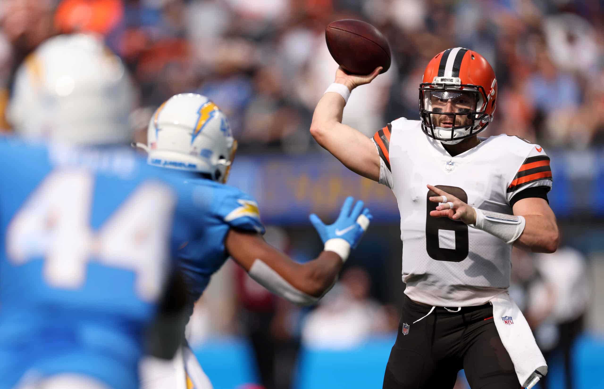 Baker Mayfield #6 of the Cleveland Browns throws the ball during the first half against the Los Angeles Chargers at SoFi Stadium on October 10, 2021 in Inglewood, California. 