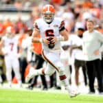 Baker Mayfield #6 of the Cleveland Browns runs the ball during the third quarter in the game against the Chicago Bears at FirstEnergy Stadium on September 26, 2021 in Cleveland, Ohio.