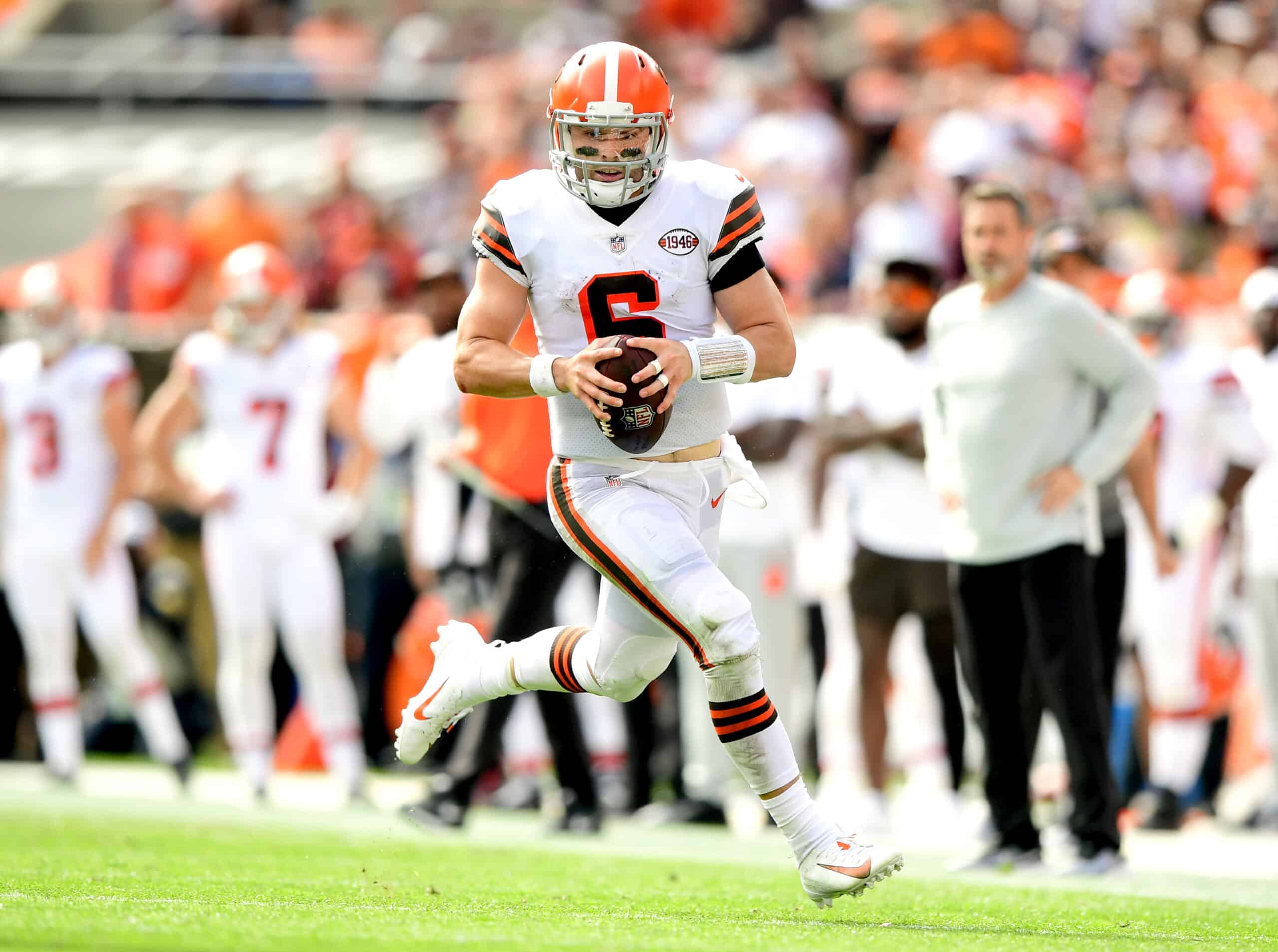 Baker Mayfield #6 of the Cleveland Browns runs the ball during the third quarter in the game against the Chicago Bears at FirstEnergy Stadium on September 26, 2021 in Cleveland, Ohio.