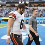 Baker Mayfield #6 of the Cleveland Browns walks off the field after losing to the Los Angeles Chargers at SoFi Stadium on October 10, 2021 in Inglewood, California.