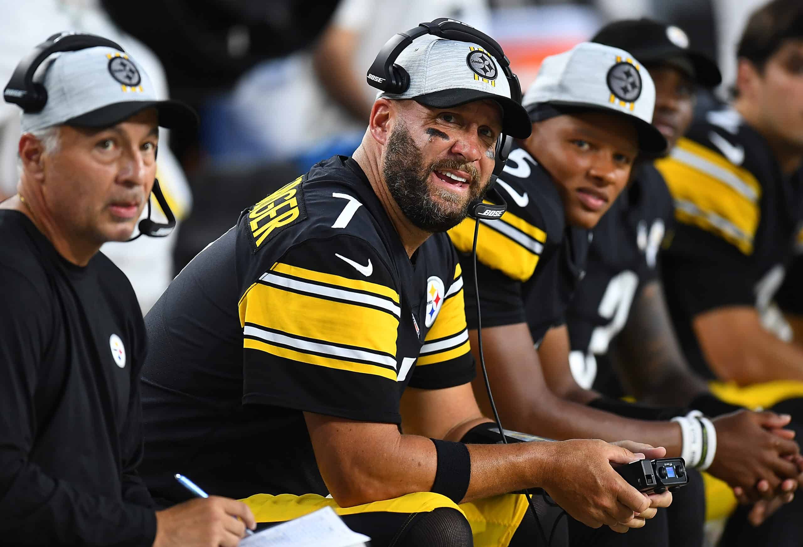 Ben Roethlisberger #7 of the Pittsburgh Steelers looks on during the second quarter against the Detroit Lions at Heinz Field on August 21, 2021 in Pittsburgh, Pennsylvania. 