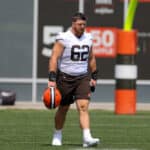 Cleveland Browns guard Blake Hance (62) takes the field at the Cleveland Browns Training Camp on August 7, 2021, at the at the Cleveland Browns Training Facility in Berea, Ohio.