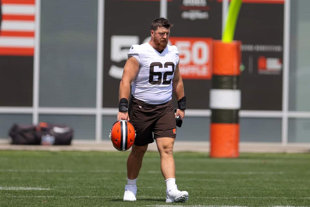 Cleveland Browns guard Blake Hance (62) takes the field at the Cleveland Browns Training Camp on August 7, 2021, at the at the Cleveland Browns Training Facility in Berea, Ohio. 