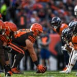 The Cleveland Browns offense lines up behind JC Tretter #64 in the first quarter of a game against the Denver Broncos at Empower Field at Mile High on November 3, 2019 in Denver, Colorado.