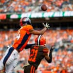Courtland Sutton #14 of the Denver Broncos catches a touchdown pass over cornerback Denzel Ward #21 of the Cleveland Browns during the first quarter at Broncos Stadium at Mile High on November 3, 2019 in Denver, Colorado.