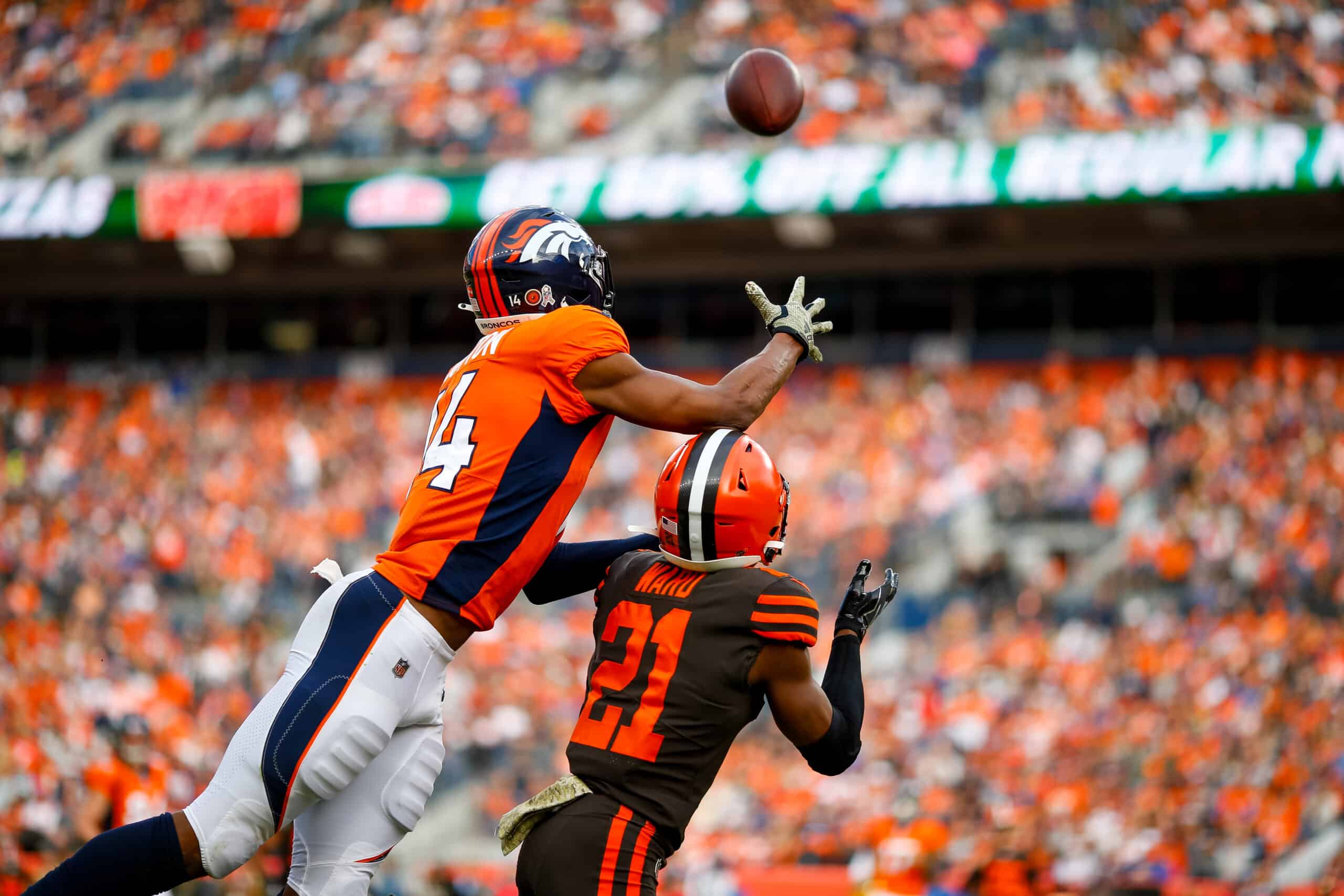 Courtland Sutton #14 of the Denver Broncos catches a touchdown pass over cornerback Denzel Ward #21 of the Cleveland Browns during the first quarter at Broncos Stadium at Mile High on November 3, 2019 in Denver, Colorado. 