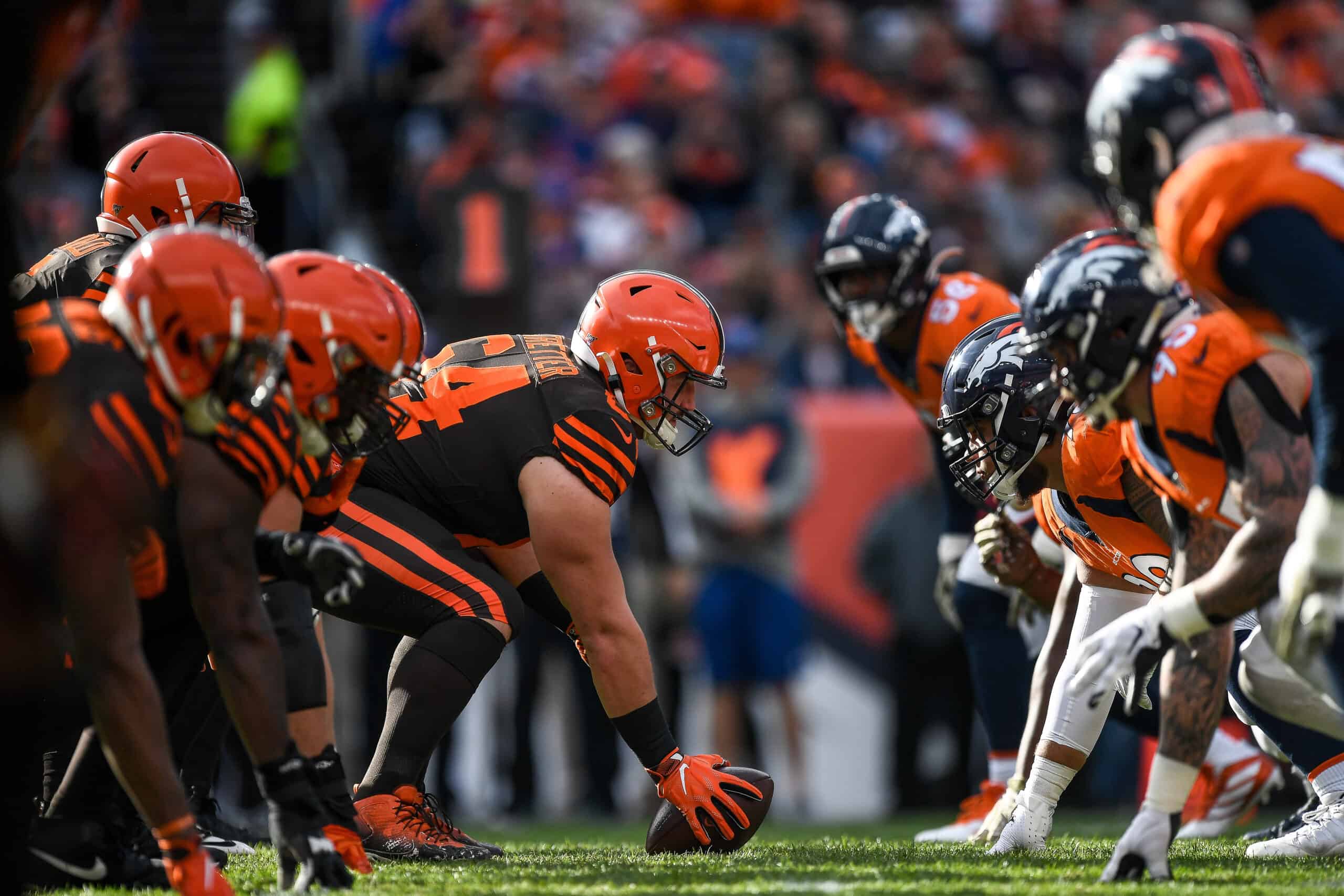 The Cleveland Browns offense lines up behind JC Tretter #64 in the first quarter of a game against the Denver Broncos at Empower Field at Mile High on November 3, 2019 in Denver, Colorado. 