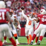 Quarterback Baker Mayfield #6 of the Cleveland Browns throws a pass during the NFL game against the Arizona Cardinals at State Farm Stadium on December 15, 2019 in Glendale, Arizona. The Cardinals defeated the Browns 38-24.