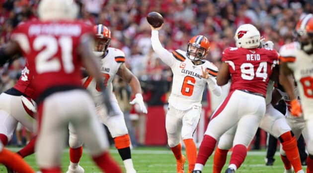 Quarterback Baker Mayfield #6 of the Cleveland Browns throws a pass during the NFL game against the Arizona Cardinals at State Farm Stadium on December 15, 2019 in Glendale, Arizona. The Cardinals defeated the Browns 38-24.