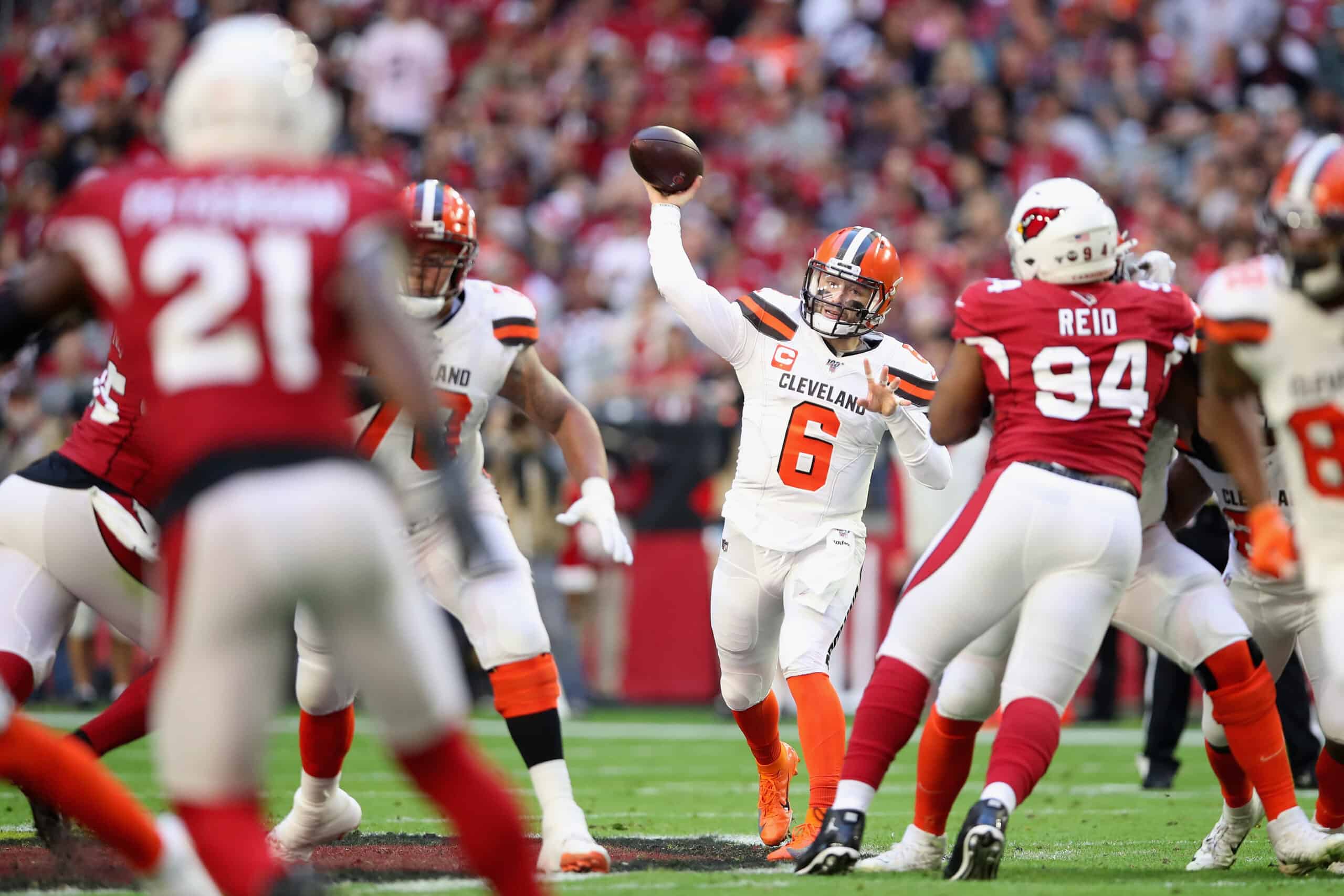 Quarterback Baker Mayfield #6 of the Cleveland Browns throws a pass during the NFL game against the Arizona Cardinals at State Farm Stadium on December 15, 2019 in Glendale, Arizona. The Cardinals defeated the Browns 38-24. 