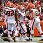Rashard Higgins #82 of the Cleveland Browns celebrates with teammates after a touchdown during the second quarter in the game against the Chicago Bears at FirstEnergy Stadium on September 26, 2021 in Cleveland, Ohio.
