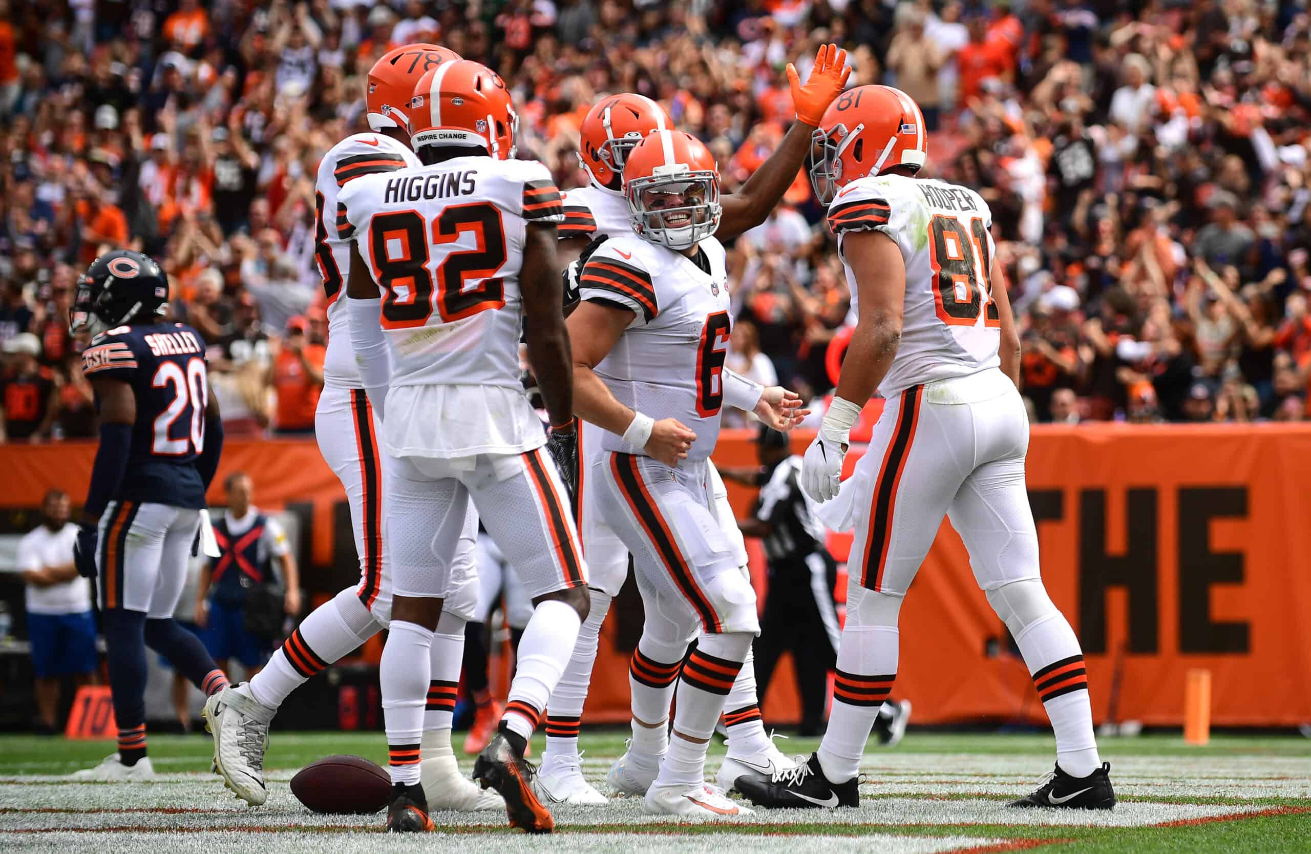 Rashard Higgins #82 of the Cleveland Browns celebrates with teammates after a touchdown during the second quarter in the game against the Chicago Bears at FirstEnergy Stadium on September 26, 2021 in Cleveland, Ohio.