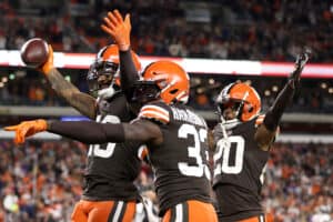 Free safety John Johnson #43 of the Cleveland Browns celebrates with safety Ronnie Harrison #33 after intercepting a Denver Broncos pass in the second quarter at FirstEnergy Stadium on October 21, 2021 in Cleveland, Ohio.