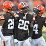 Greedy Williams #26 of the Cleveland Browns reacts after a play during the second quarter against the Arizona Cardinals at FirstEnergy Stadium on October 17, 2021 in Cleveland, Ohio.