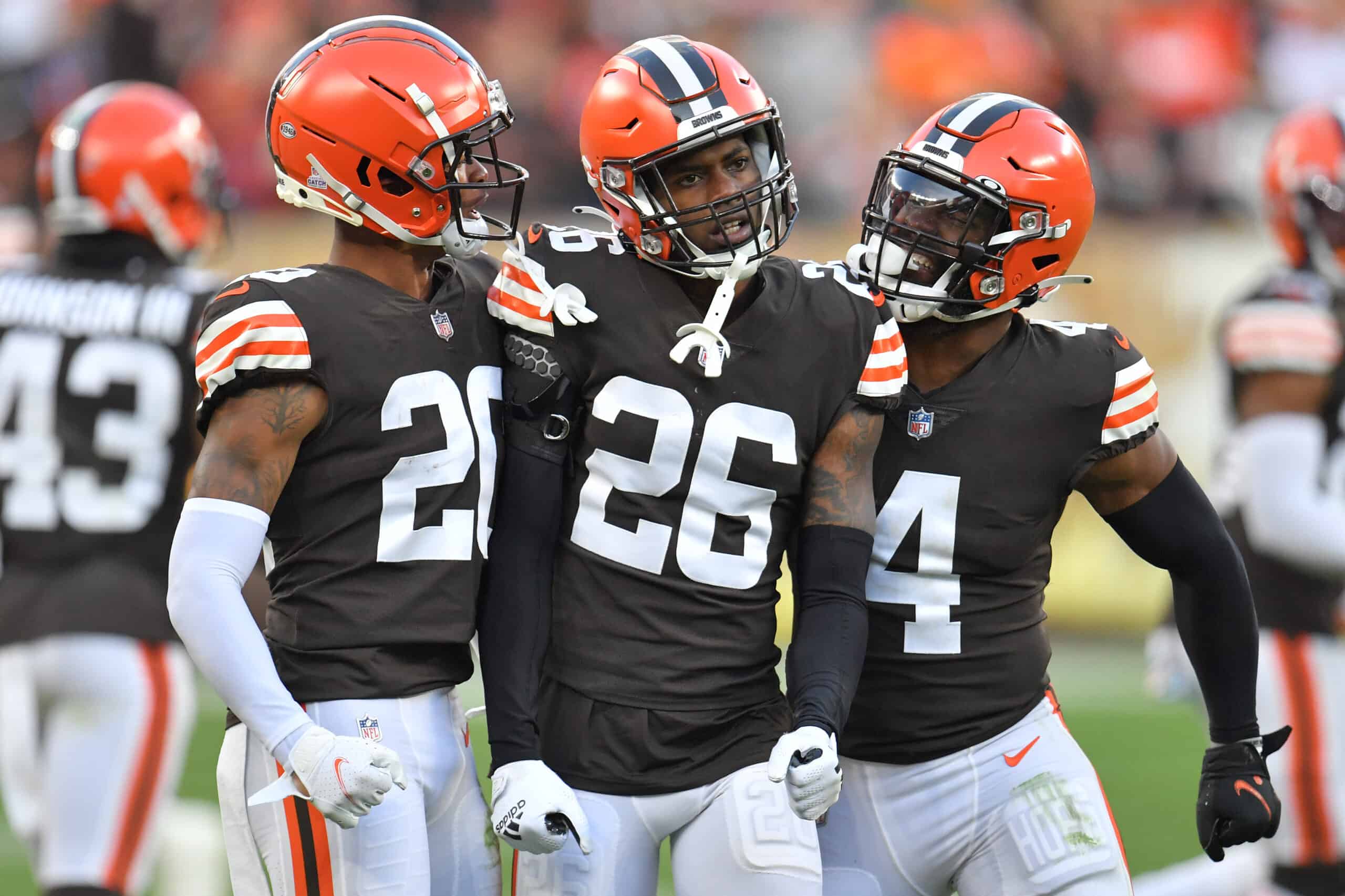 Greedy Williams #26 of the Cleveland Browns reacts after a play during the second quarter against the Arizona Cardinals at FirstEnergy Stadium on October 17, 2021 in Cleveland, Ohio.