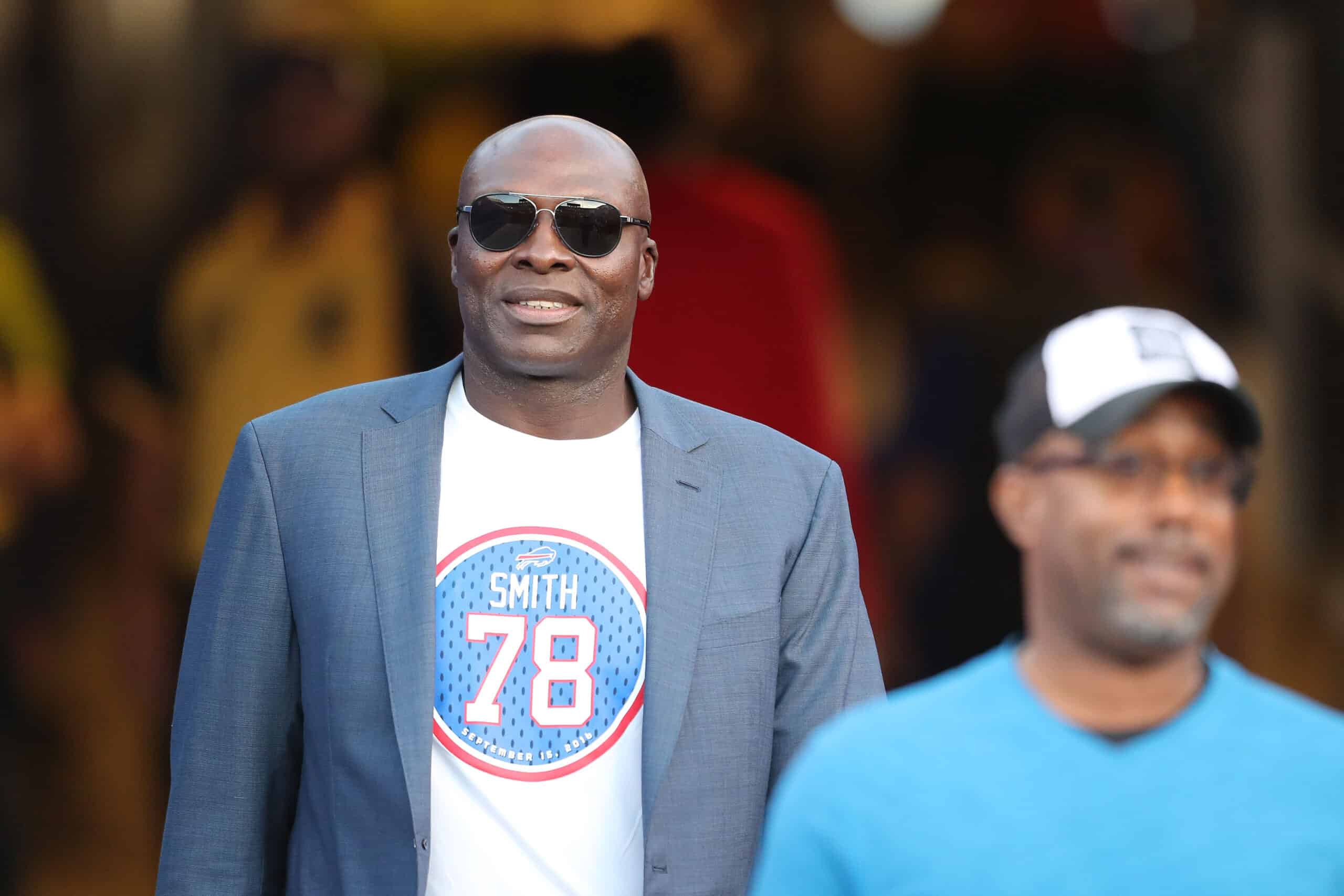 Former Buffalo Bill Bruce Smith walks to the field before the game against the New York Jets at New Era Field on September 15, 2016 in Orchard Park, New York.