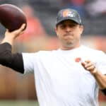 Case Keenum #5 of the Cleveland Browns warms up prior to the game against the Arizona Cardinals at FirstEnergy Stadium on October 17, 2021 in Cleveland, Ohio.