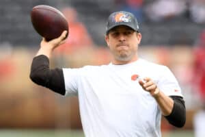 Case Keenum #5 of the Cleveland Browns warms up prior to the game against the Arizona Cardinals at FirstEnergy Stadium on October 17, 2021 in Cleveland, Ohio.