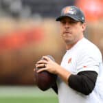 Case Keenum #5 of the Cleveland Browns warms up prior to the game against the Arizona Cardinals at FirstEnergy Stadium on October 17, 2021 in Cleveland, Ohio.