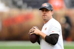 Case Keenum #5 of the Cleveland Browns warms up prior to the game against the Arizona Cardinals at FirstEnergy Stadium on October 17, 2021 in Cleveland, Ohio.