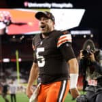 Quarterback Case Keenum #5 of the Cleveland Browns celebrates after the Browns defeated the Denver Broncos at FirstEnergy Stadium on October 21, 2021 in Cleveland, Ohio.
