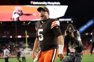 Quarterback Case Keenum #5 of the Cleveland Browns celebrates after the Browns defeated the Denver Broncos at FirstEnergy Stadium on October 21, 2021 in Cleveland, Ohio.